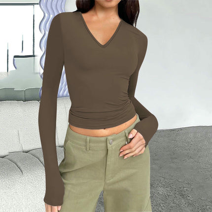 Long Sleeve Shirts for Women Fashion V Neck Basics Slim Fitted Tops