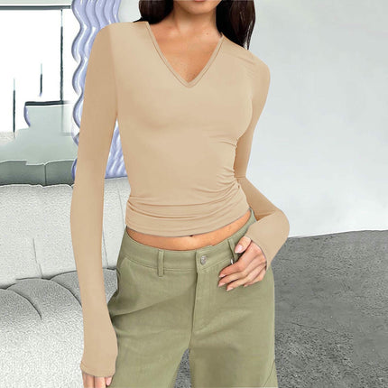 Long Sleeve Shirts for Women Fashion V Neck Basics Slim Fitted Tops