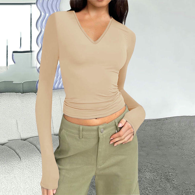 Long Sleeve Shirts for Women Fashion V Neck Basics Slim Fitted Tops