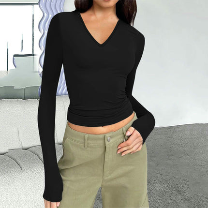Long Sleeve Shirts for Women Fashion V Neck Basics Slim Fitted Tops