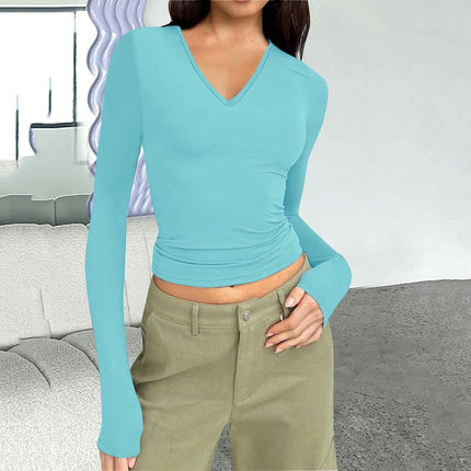 Long Sleeve Shirts for Women Fashion V Neck Basics Slim Fitted Tops