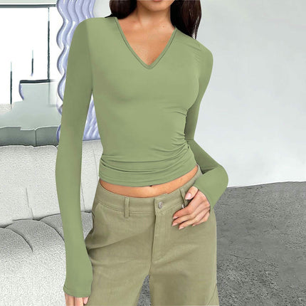Long Sleeve Shirts for Women Fashion V Neck Basics Slim Fitted Tops