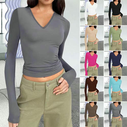 Long Sleeve Shirts for Women Fashion V Neck Basics Slim Fitted Tops