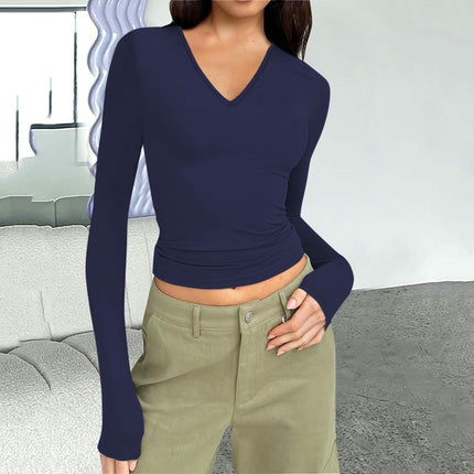 Long Sleeve Shirts for Women Fashion V Neck Basics Slim Fitted Tops