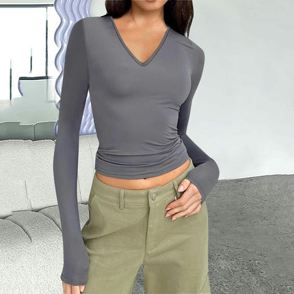 Long Sleeve Shirts for Women Fashion V Neck Basics Slim Fitted Tops