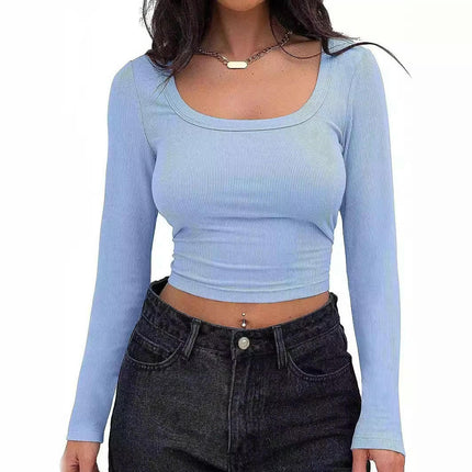 Womens Long Sleeve Square Neck Tee Shirts Ribbed Knit Slim Fitted Casual Crop Tops
