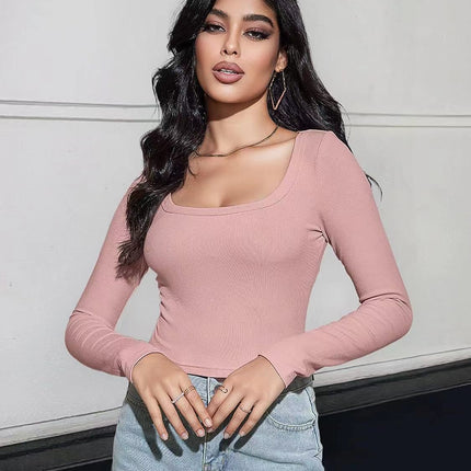 Womens Long Sleeve Square Neck Tee Shirts Ribbed Knit Slim Fitted Casual Crop Tops