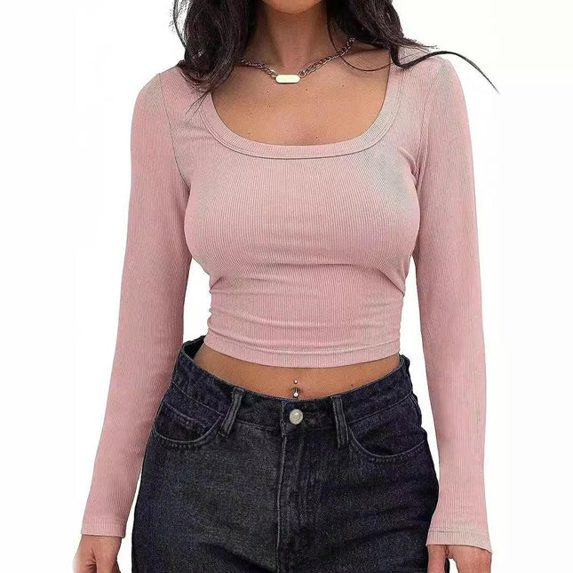Womens Long Sleeve Square Neck Tee Shirts Ribbed Knit Slim Fitted Casual Crop Tops