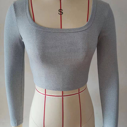 Womens Long Sleeve Square Neck Tee Shirts Ribbed Knit Slim Fitted Casual Crop Tops