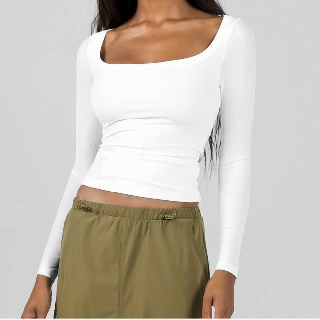 Women's Square Neck Long Sleeve Ribbed Slim Fitted Casual Basic Top