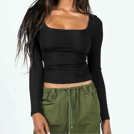 Women's Square Neck Long Sleeve Ribbed Slim Fitted Casual Basic Top