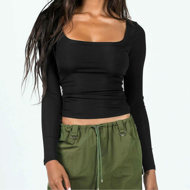 Women's Square Neck Long Sleeve Ribbed Slim Fitted Casual Basic Top