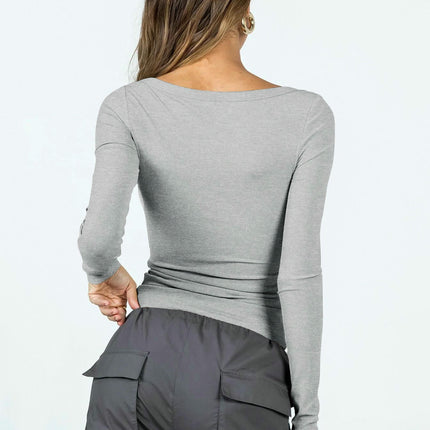 Women's Square Neck Long Sleeve Ribbed Slim Fitted Casual Basic Top