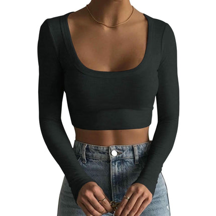 Womens Long Sleeve T Shirts Square Neck Ribbed Knit Fitted Casual Slim Fit Crop Tops