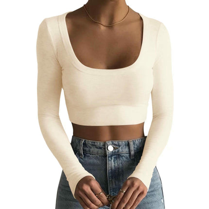 Womens Long Sleeve T Shirts Square Neck Ribbed Knit Fitted Casual Slim Fit Crop Tops