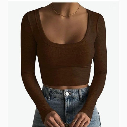 Womens Long Sleeve T Shirts Square Neck Ribbed Knit Fitted Casual Slim Fit Crop Tops