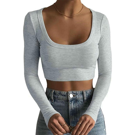 Womens Long Sleeve T Shirts Square Neck Ribbed Knit Fitted Casual Slim Fit Crop Tops
