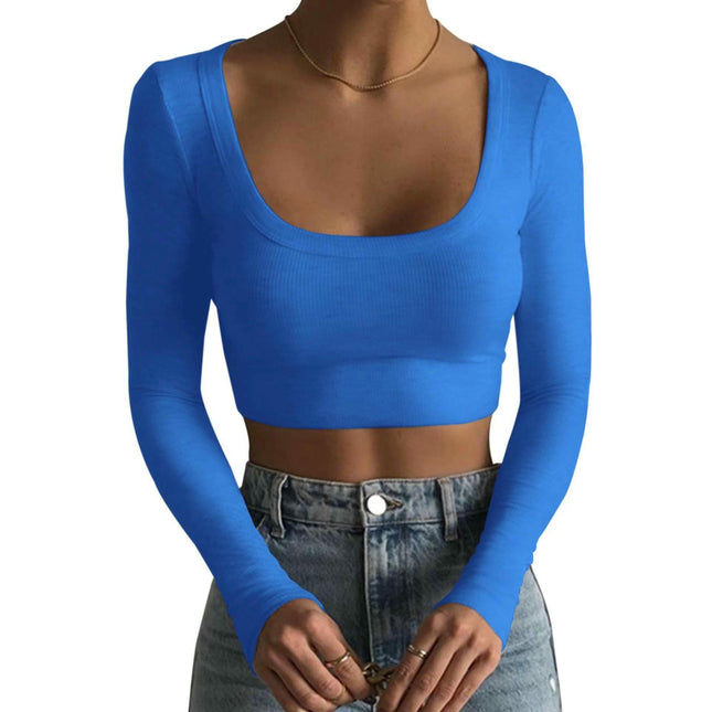 Womens Long Sleeve T Shirts Square Neck Ribbed Knit Fitted Casual Slim Fit Crop Tops