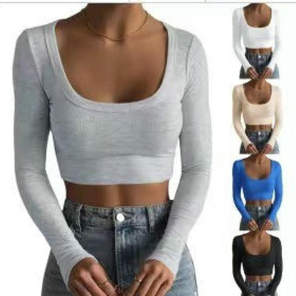 Womens Long Sleeve T Shirts Square Neck Ribbed Knit Fitted Casual Slim Fit Crop Tops