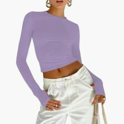 Women Long Sleeve Casual Tee Shirt Crew Neck Slim Fit Basic Crop Top