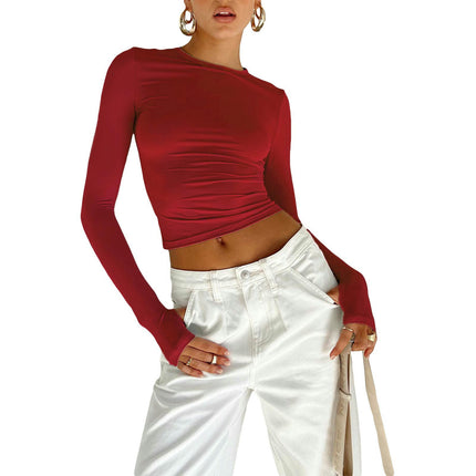 Women Long Sleeve Casual Tee Shirt Crew Neck Slim Fit Basic Crop Top