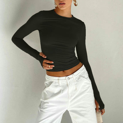 Women Long Sleeve Casual Tee Shirt Crew Neck Slim Fit Basic Crop Top
