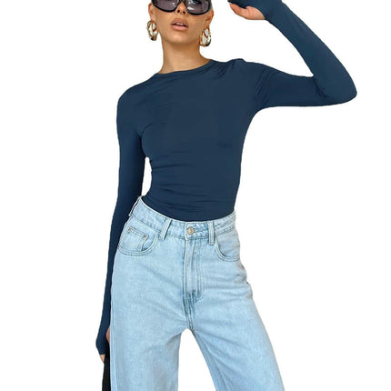 Women Long Sleeve Casual Tee Shirt Crew Neck Slim Fit Basic Crop Top