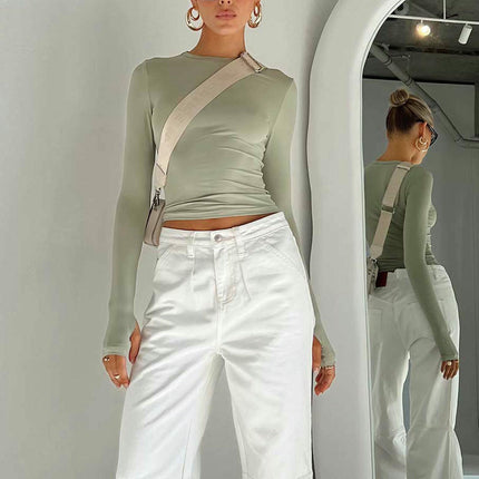 Women Long Sleeve Casual Tee Shirt Crew Neck Slim Fit Basic Crop Top