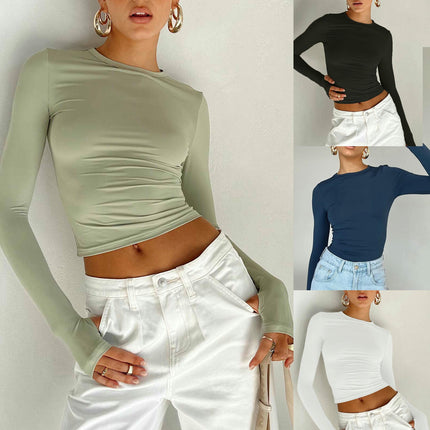 Women Long Sleeve Casual Tee Shirt Crew Neck Slim Fit Basic Crop Top