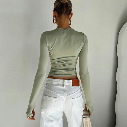 Women Long Sleeve Casual Tee Shirt Crew Neck Slim Fit Basic Crop Top