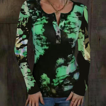 Womens Long Sleeve Tie Dye Print T-Shirts Button Crew Neck Slim Fit Tops