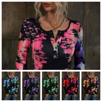 Womens Long Sleeve Tie Dye Print T-Shirts Button Crew Neck Slim Fit Tops