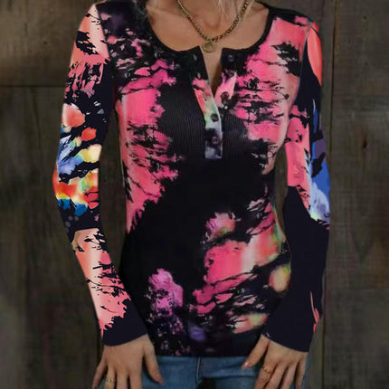 Womens Long Sleeve Tie Dye Print T-Shirts Button Crew Neck Slim Fit Tops