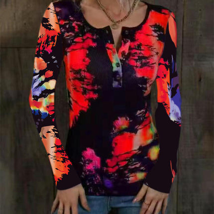 Womens Long Sleeve Tie Dye Print T-Shirts Button Crew Neck Slim Fit Tops