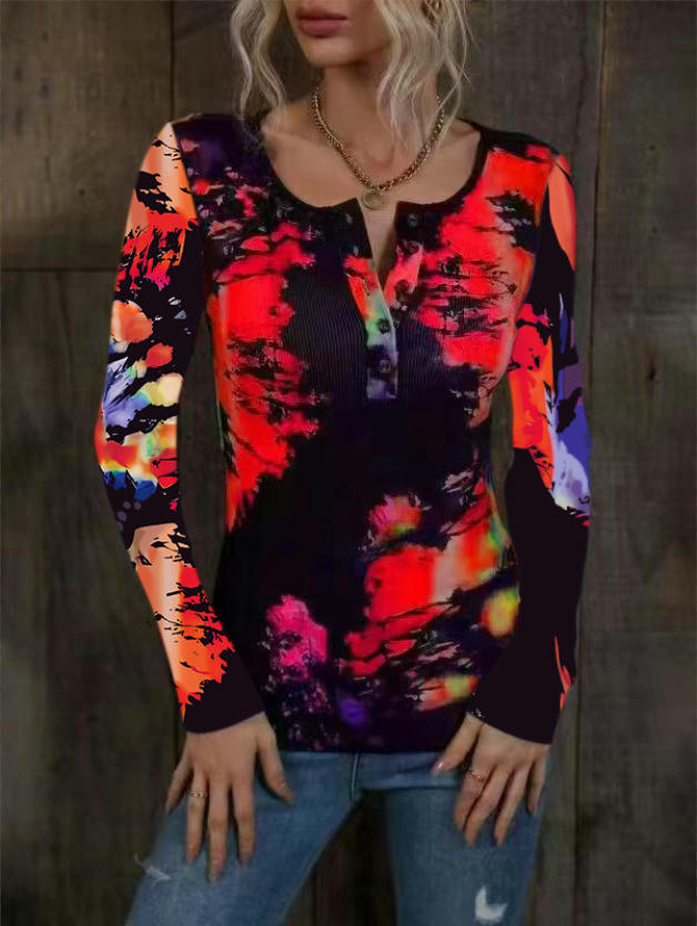 Womens Long Sleeve Tie Dye Print T-Shirts Button Crew Neck Slim Fit Tops