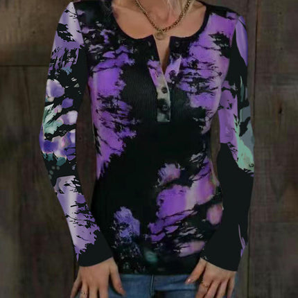 Womens Long Sleeve Tie Dye Print T-Shirts Button Crew Neck Slim Fit Tops