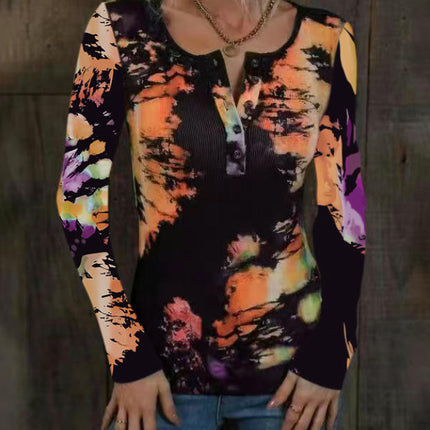Womens Long Sleeve Tie Dye Print T-Shirts Button Crew Neck Slim Fit Tops