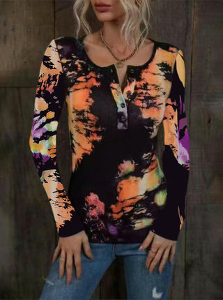 Womens Long Sleeve Tie Dye Print T-Shirts Button Crew Neck Slim Fit Tops
