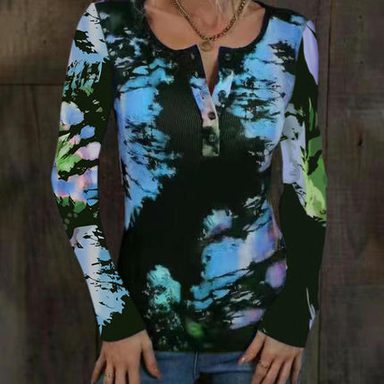 Womens Long Sleeve Tie Dye Print T-Shirts Button Crew Neck Slim Fit Tops