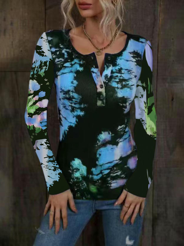 Womens Long Sleeve Tie Dye Print T-Shirts Button Crew Neck Slim Fit Tops