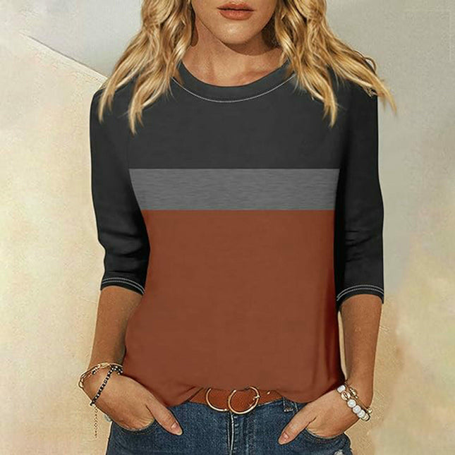 Womens Casual Color Block Tops Long Sleeve Shirts Crewneck Loose Fit T-Shirt