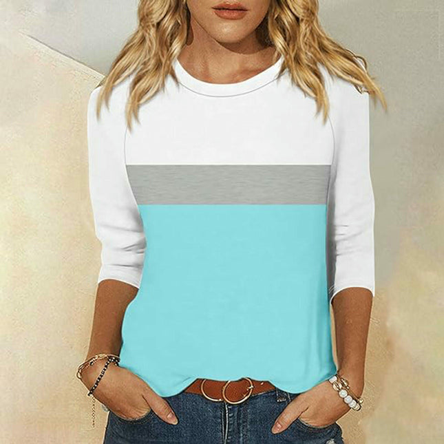 Womens Casual Color Block Tops Long Sleeve Shirts Crewneck Loose Fit T-Shirt