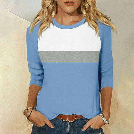 Womens Casual Color Block Tops Long Sleeve Shirts Crewneck Loose Fit T-Shirt
