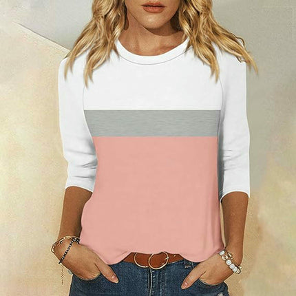 Womens Casual Color Block Tops Long Sleeve Shirts Crewneck Loose Fit T-Shirt