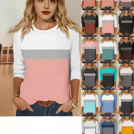 Womens Casual Color Block Tops Long Sleeve Shirts Crewneck Loose Fit T-Shirt