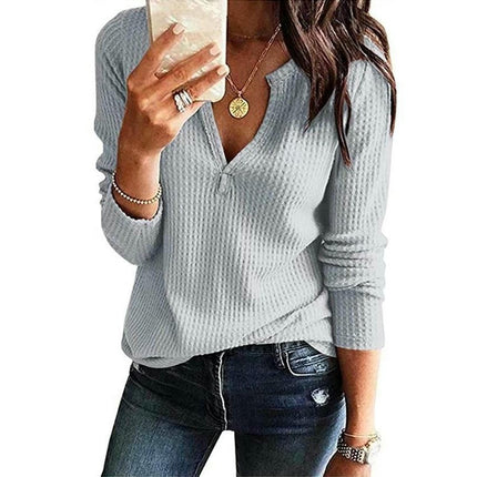 Women's V Neck Waffle Knit Tops Casual Long Sleeve Plain Pullover Blouses
