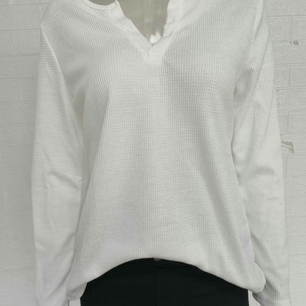 Women's V Neck Waffle Knit Tops Casual Long Sleeve Plain Pullover Blouses
