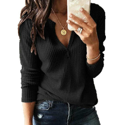 Women's V Neck Waffle Knit Tops Casual Long Sleeve Plain Pullover Blouses