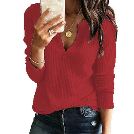Women's V Neck Waffle Knit Tops Casual Long Sleeve Plain Pullover Blouses