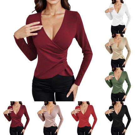 Women's Long Sleeve Deep V Neck Tops Wrap Ruched Slim Fit Shirts Button Side Blouse